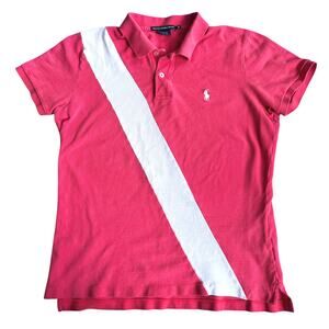 Ralph Lauren Sport Women XL Hot Pink Polo White Sash Stripe Preppy Golf